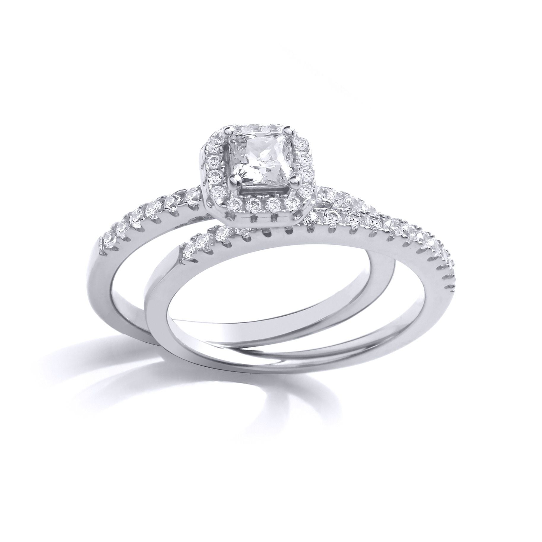 Silver  Princess Cut CZ Solitaire Eternity Wedfit Bridal Rings Set - GVR863