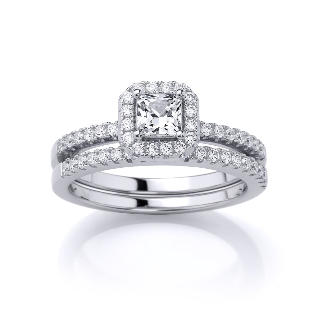 Silver  Princess Cut CZ Solitaire Eternity Wedfit Bridal Rings Set - GVR863