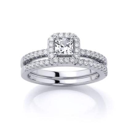 Silver  Princess Cut CZ Solitaire Eternity Wedfit Bridal Rings Set - GVR863