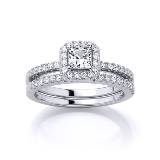 Silver  Princess Cut CZ Solitaire Eternity Wedfit Bridal Rings Set - GVR863