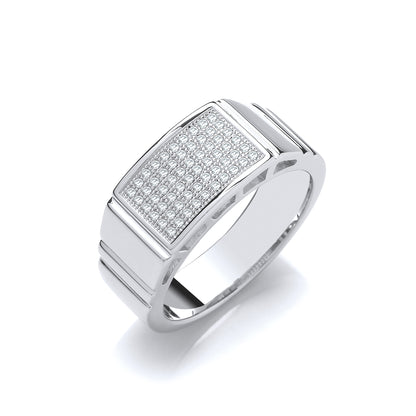 Mens Silver  CZ Encrusted Rectangular Signet Ring - GVR865