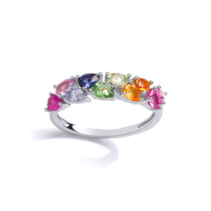 Silver  Multi Colour Pear CZ Rainbow Half Eternity Ring - GVR866