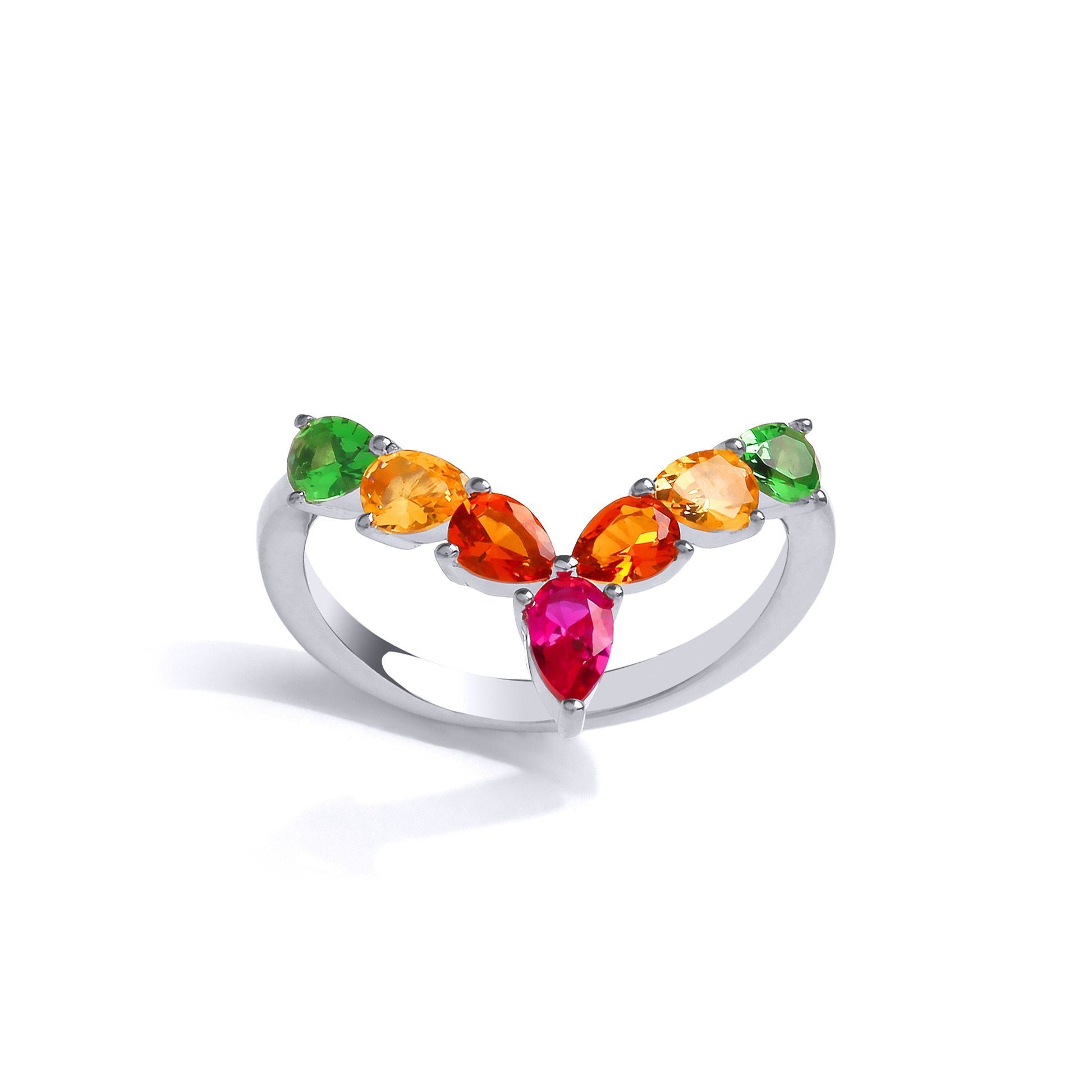 Silver  Multi Colour Pear CZ Rainbow Wishbone Eternity Ring - GVR868