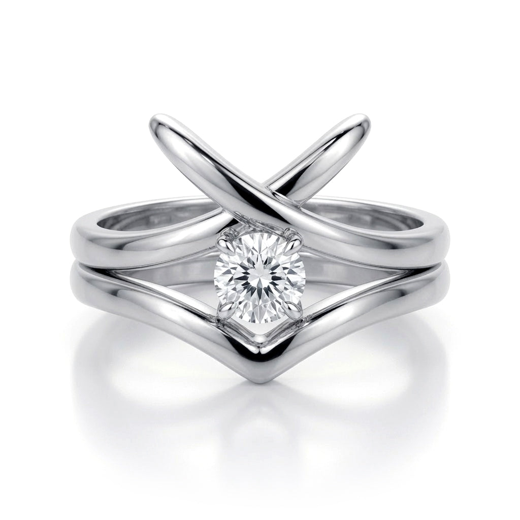 Silver  CZ Solitaire Crossover Kiss Wishbone Bridal Rings Set - GVR874