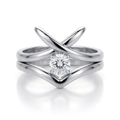 Silver  CZ Solitaire Crossover Kiss Wishbone Bridal Rings Set - GVR874