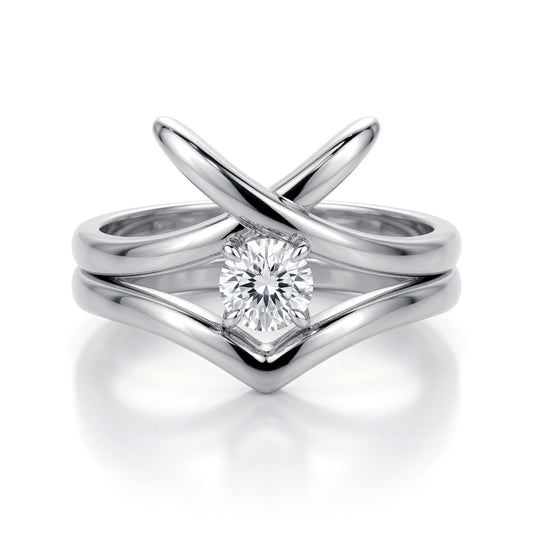 Silver  CZ Solitaire Crossover Kiss Wishbone Bridal Rings Set - GVR874