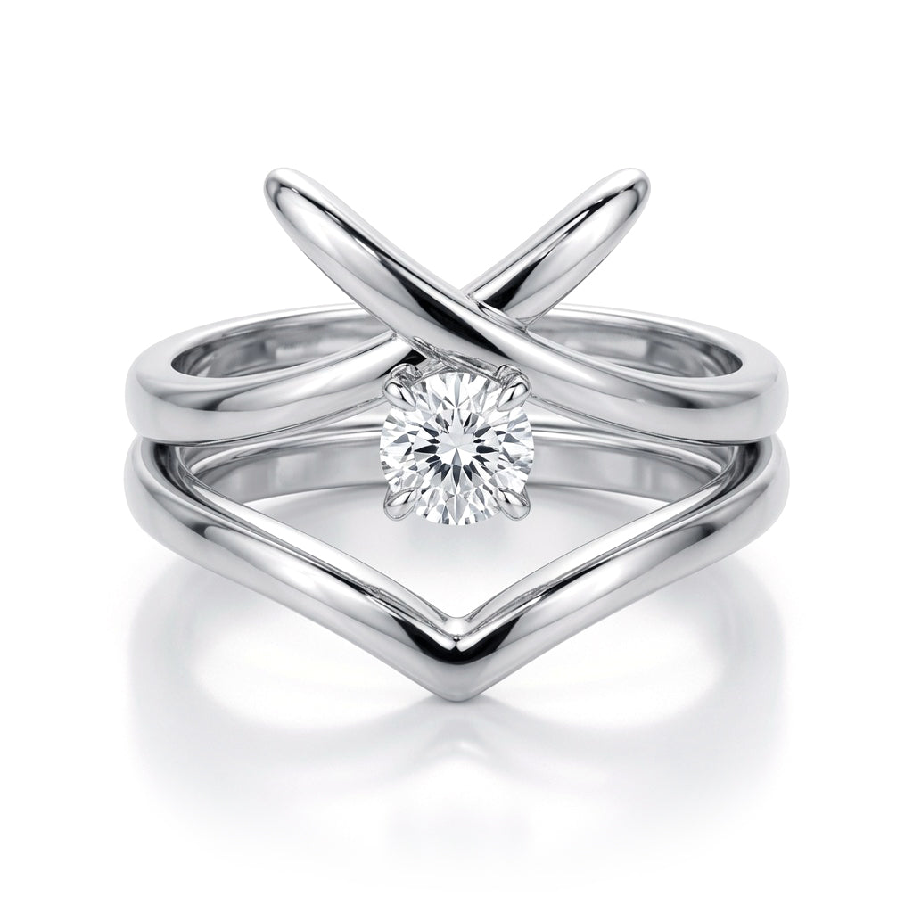 Silver  CZ Solitaire Crossover Kiss Wishbone Bridal Rings Set - GVR874