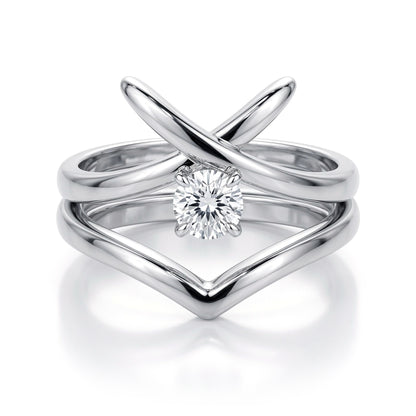 Silver  CZ Solitaire Crossover Kiss Wishbone Bridal Rings Set - GVR874