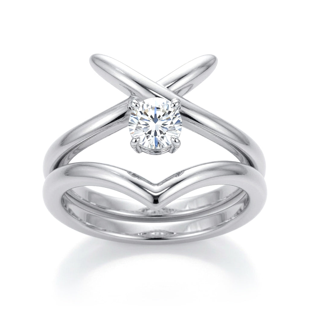Silver  CZ Solitaire Crossover Kiss Wishbone Bridal Rings Set - GVR874