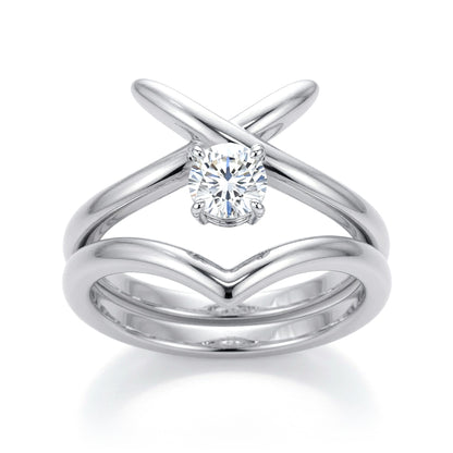 Silver  CZ Solitaire Crossover Kiss Wishbone Bridal Rings Set - GVR874