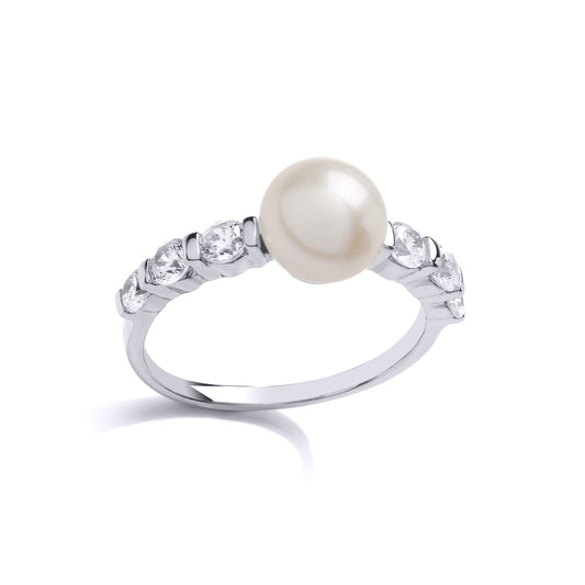 Silver  CZ Pearl Full Moon Shoulder Set Dress Ring 8mm - GVR877