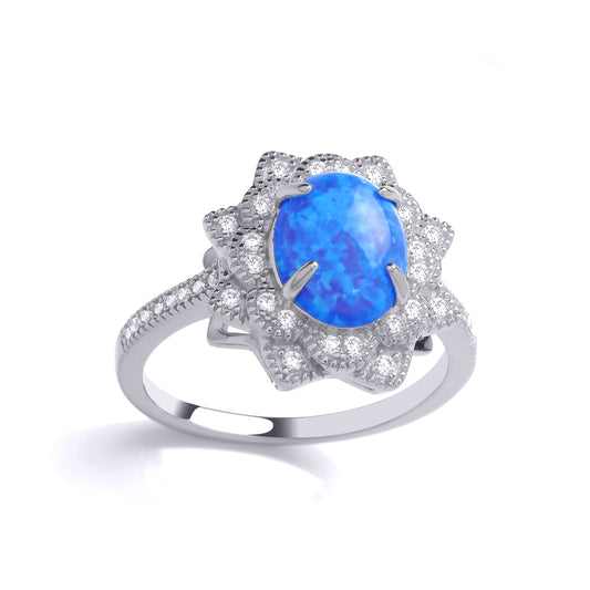 Silver  Blue Oval Opal CZ Luxury Mosaic Starry Pool Cocktail Ring - GVR882