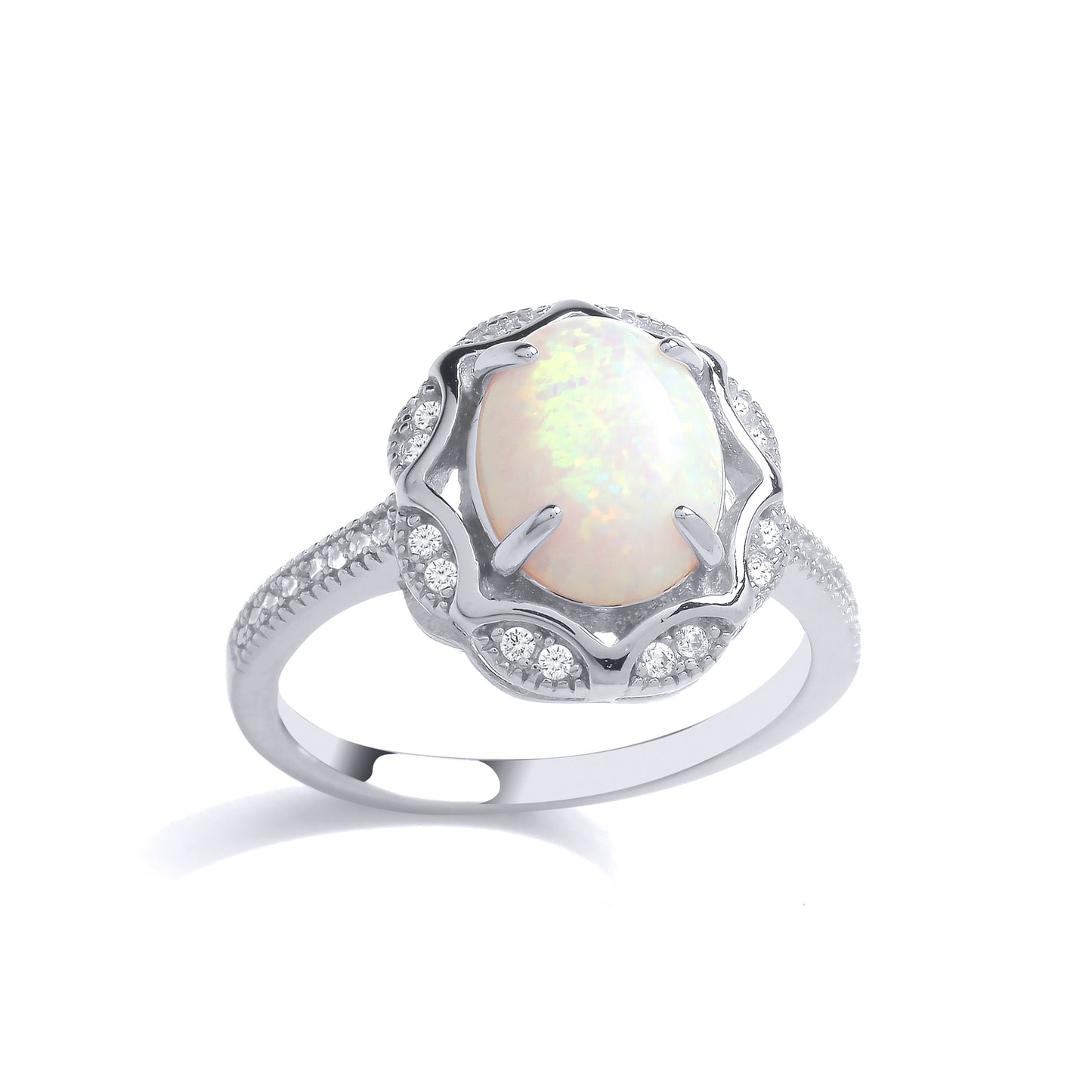 Silver  Rainbow Oval Opal CZ Scallop Edge Predator Cocktail Ring - GVR883