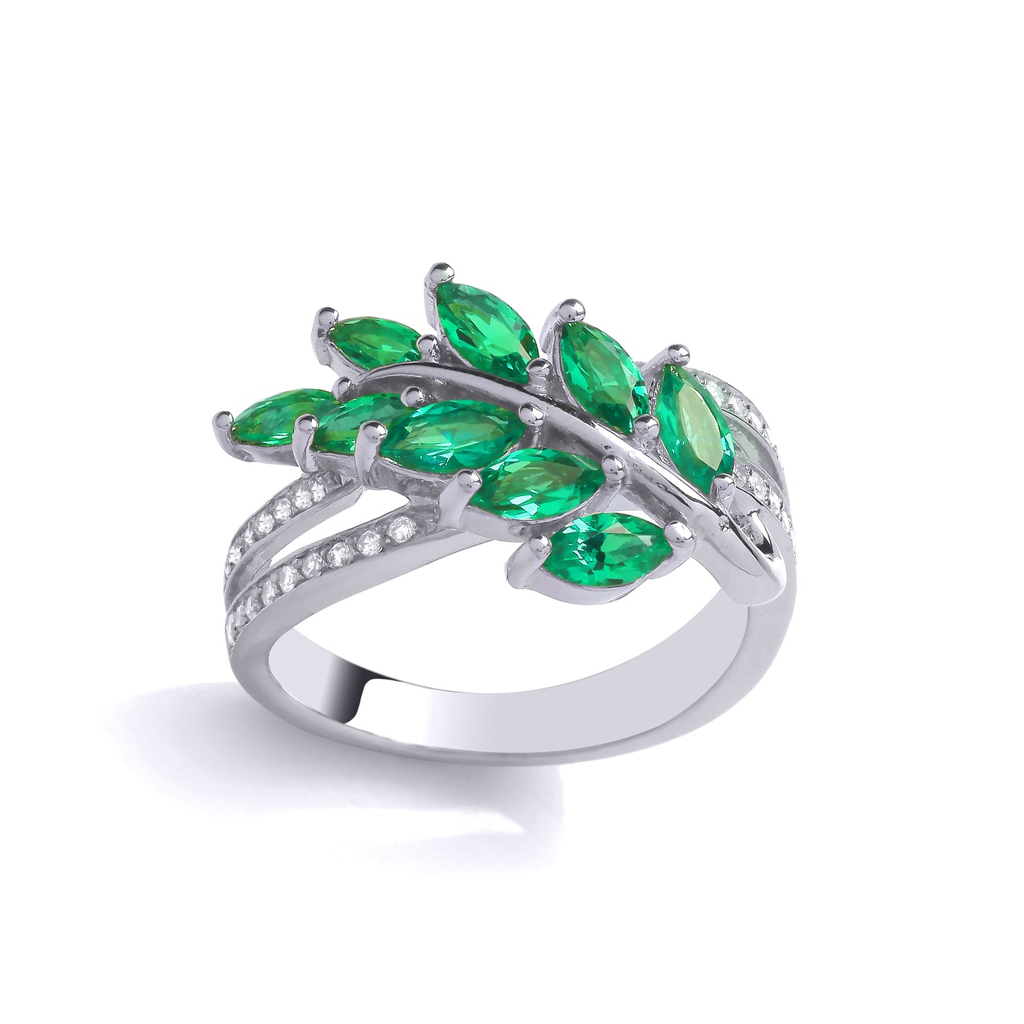 Silver  Green Marquise CZ Olive Leaf Branch Cluster Cocktail Ring - GVR886