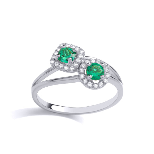 Silver  Green Cushion CZ Split Shank Double Duology Bypass Ring - GVR887