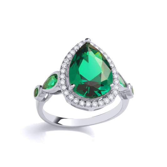 Silver  Green Pear CZ Avocado Halo Shoulder Cluster Cocktail Ring - GVR889