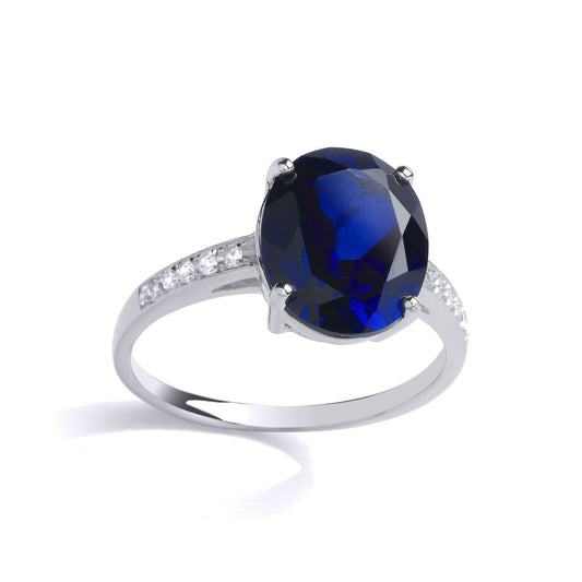 Sterling Silver  Blue Oval CZ Shoulder Set Solitaire Cocktail Ring - GVR891