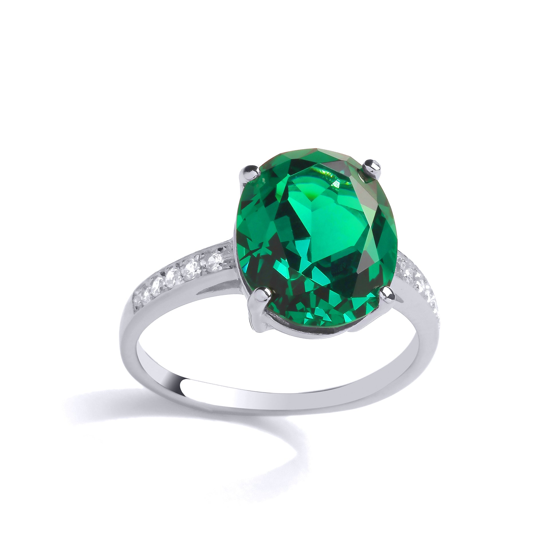 925 Silver  Green Oval CZ Shoulder Set Solitaire Cocktail Ring - GVR892