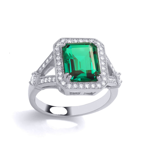 Silver  Green Emerald CZ V Shoulder Octagon Halo Cocktail Ring - GVR896