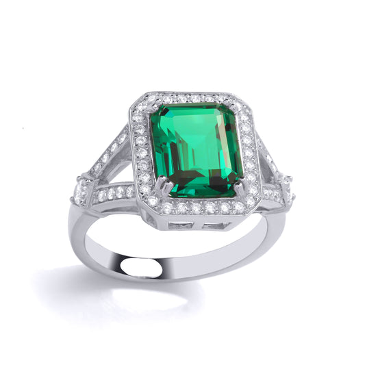 Silver  Green Emerald CZ V Shoulder Octagon Halo Cocktail Ring - GVR896