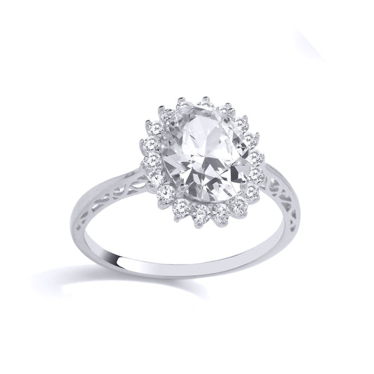 925 Silver  Oval CZ Filigree Edged Halo Solitaire Cocktail Ring - GVR906