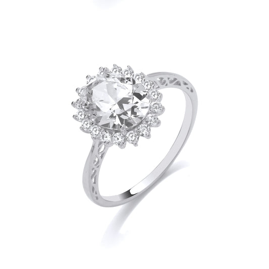 Silver  Filigree Edged Halo Solitaire Cocktail Ring - GVR906