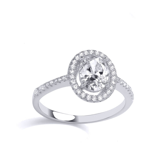 Silver Oval CZ Shoulder Set Oval Halo Solitaire Engagement Ring - GVR907