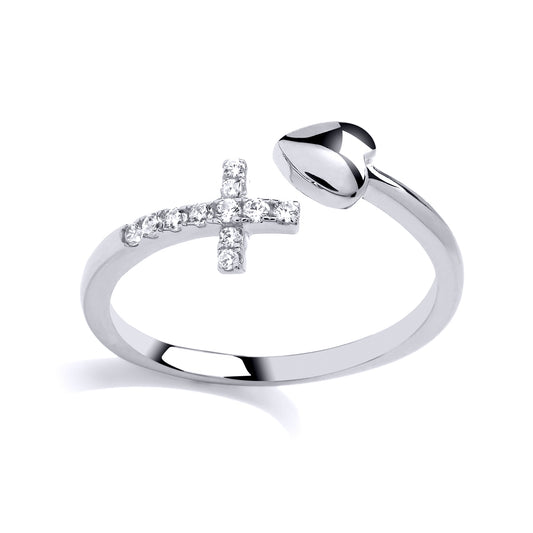 925 Sterling Silver  CZ Disconnected Cross Love Heart Purity Ring - GVR912