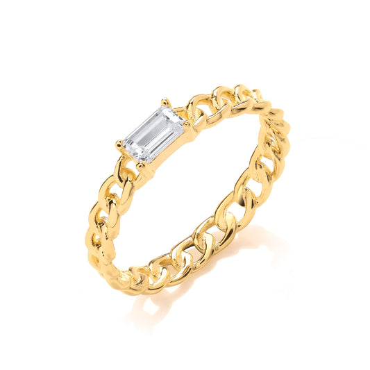 Gold-plated Silver  Curb Link Chain Solitaire CZ Stacker Ring - GVR914