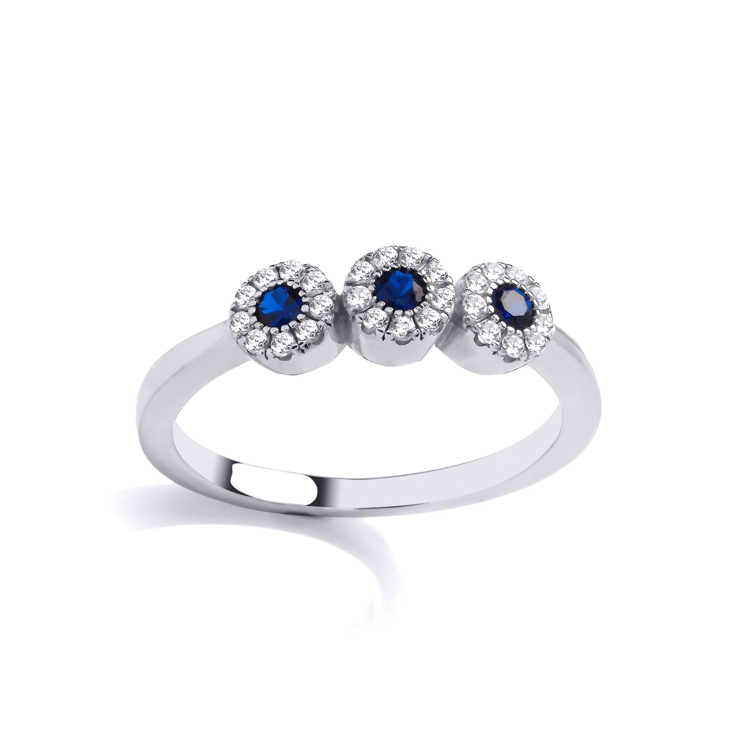 925 Sterling Silver  Blue CZ Trilogy Halo Cluster Stacker Ring - GVR915