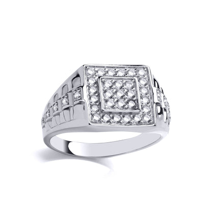 Mens Silver  CZ Presidential Link Double Square Watch Signet Ring - GVR922