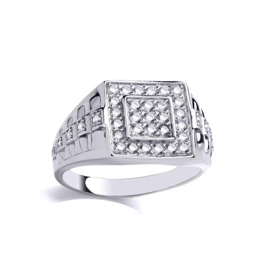 Mens Silver  CZ Presidential Link Double Square Watch Signet Ring - GVR922