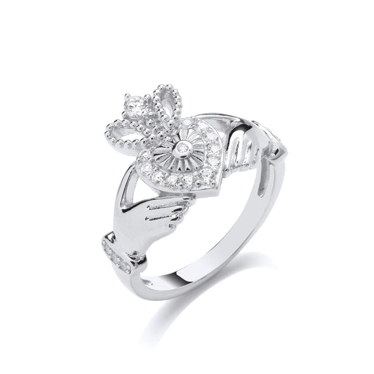 Silver  Fluted Sunburst Love Heart Crown Claddagh Ring - GVR926