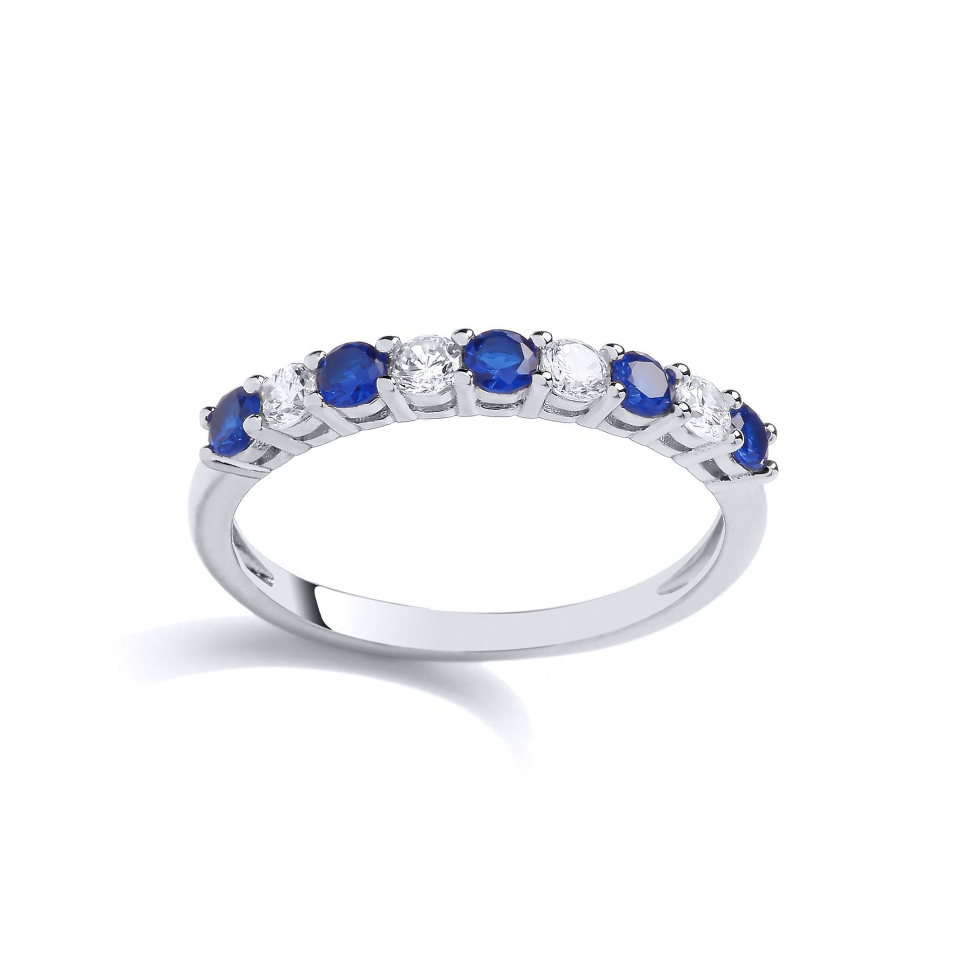 Silver  Blue CZ Alternating 9 Stone Half Eternity Ring - GVR927