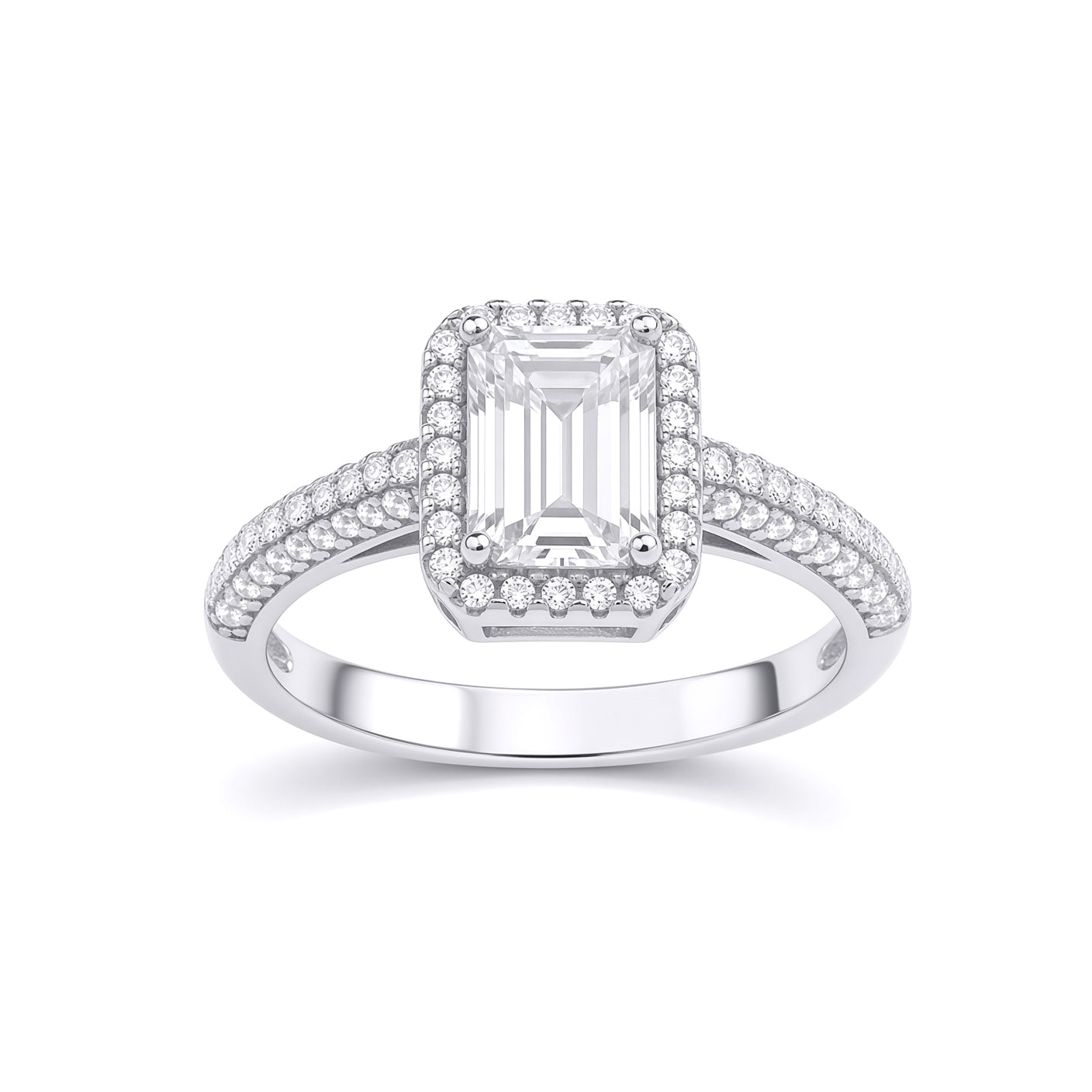 Silver  Emerald CZ Shoulder Set Rectangular Halo Engagement Ring - GVR929
