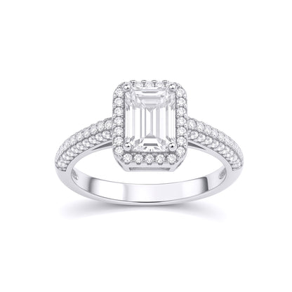 Silver  Emerald CZ Shoulder Set Rectangular Halo Engagement Ring - GVR929