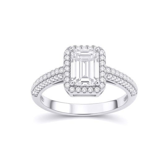 Silver  Emerald CZ Shoulder Set Rectangular Halo Engagement Ring - GVR929