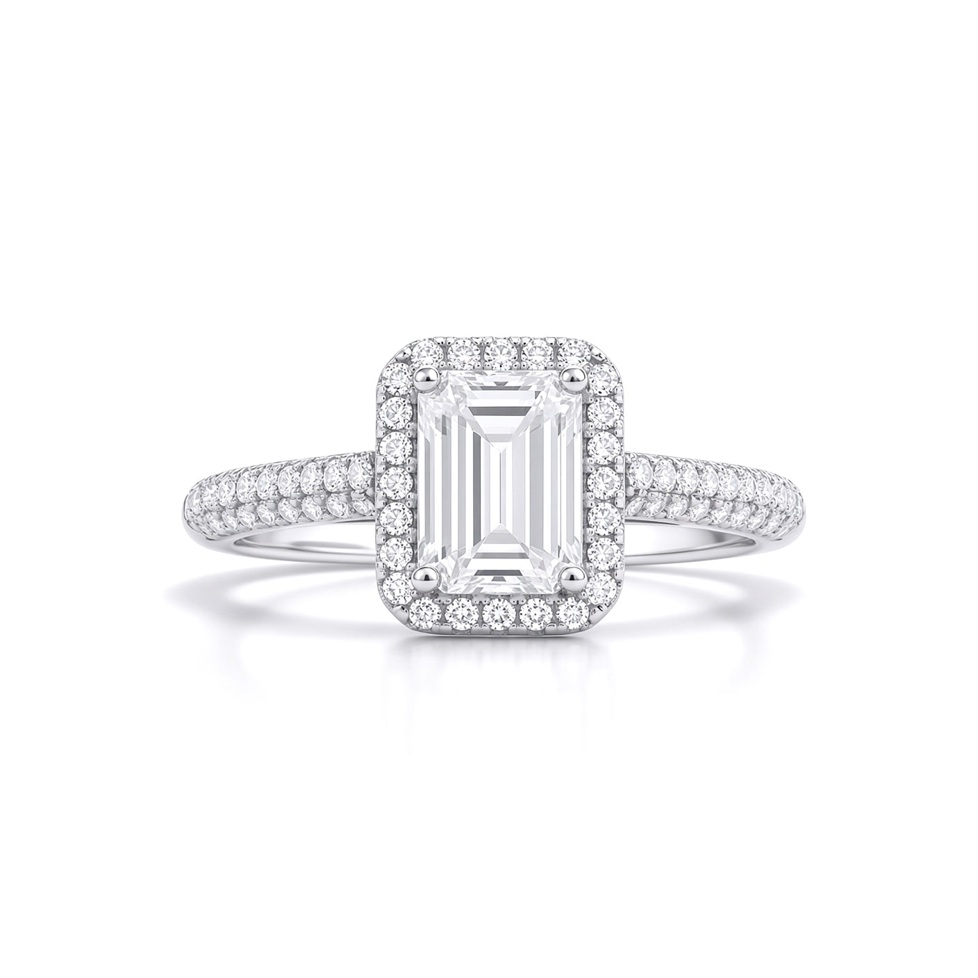 Silver  Emerald CZ Shoulder Set Rectangular Halo Engagement Ring - GVR929