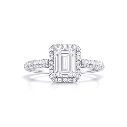 Silver  Emerald CZ Shoulder Set Rectangular Halo Engagement Ring - GVR929