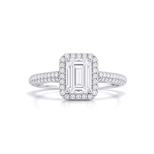 Silver  Emerald CZ Shoulder Set Rectangular Halo Engagement Ring - GVR929