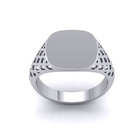 Mens Silver  Basket Weave Square Cushion Signet Ring - GVR942