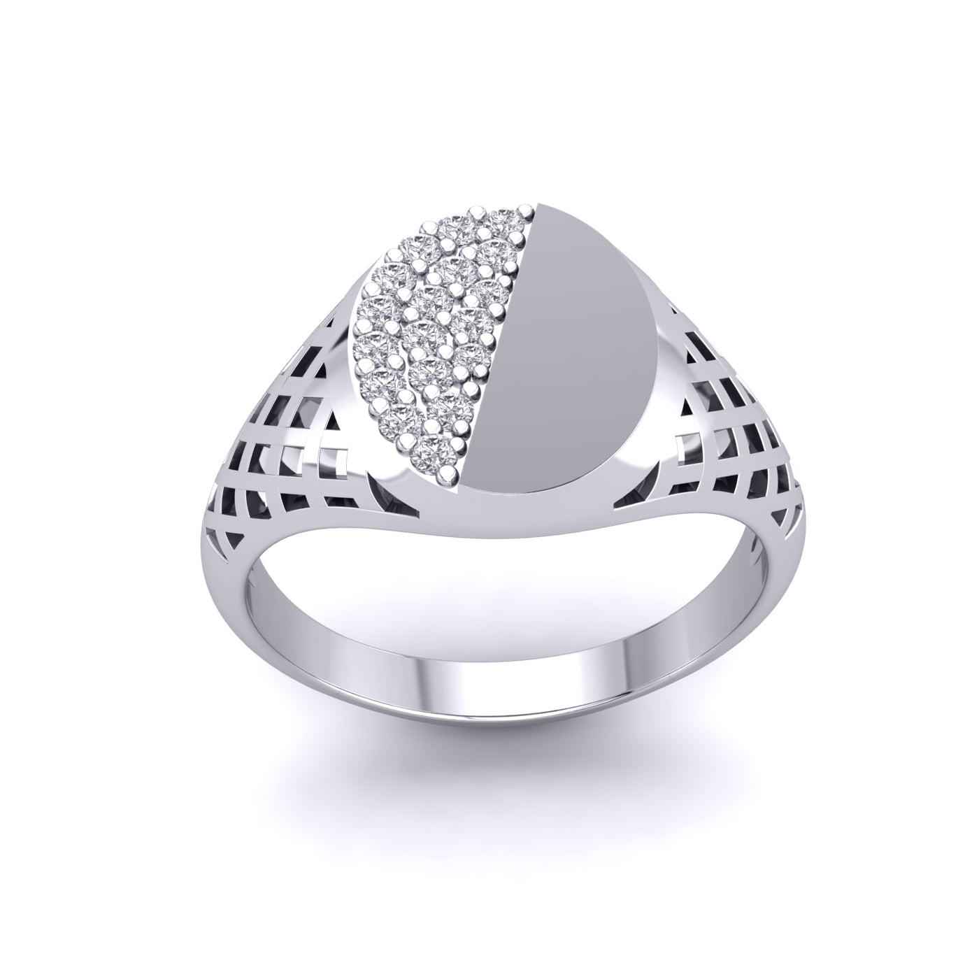 Mens Silver  CZ Basket Weave Semi Pave Encrusted Round Signet Ring - GVR943