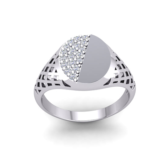 Mens Silver  Basket Weave Semi Pave Encrusted Round Signet Ring - GVR943