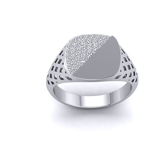 Mens Silver  CZ Basket Weave Encrusted Square Cushion Signet Ring - GVR944