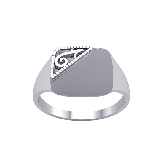 Mens Silver  Domed Semi Engraved Square Cushion Signet Ring - GVR948