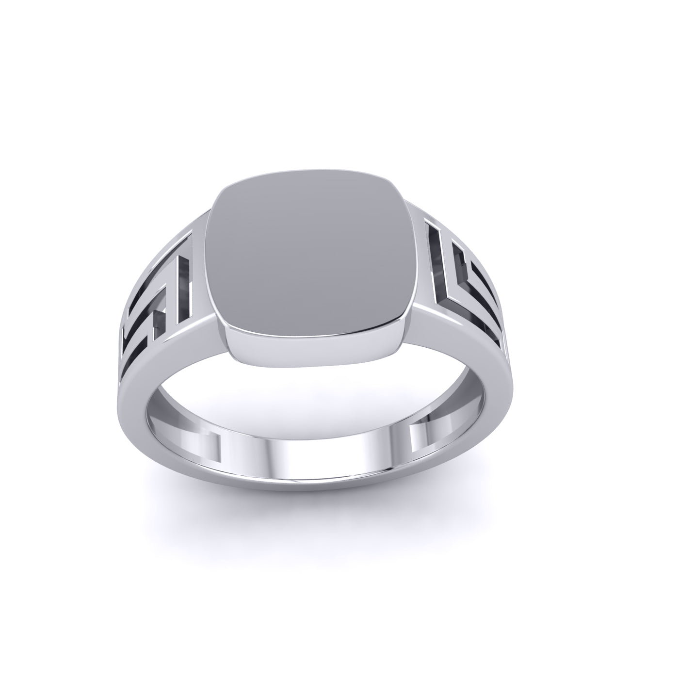 Mens Platinum Plated Silver  Greek Key Square Cushion Signet Ring - GVR951