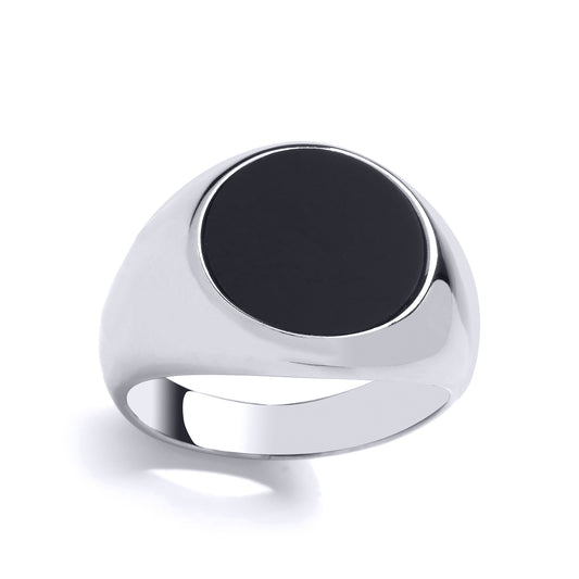 Mens 925 Silver  Black Onyx Domed Sides Flat Round Top Signet Ring - GVR953