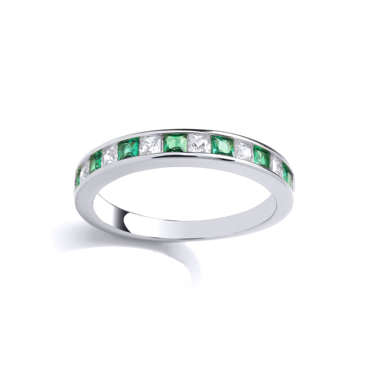 Silver  Green Princess CZ 13 Stone Channel Set Half Eternity Ring - GVR961EM