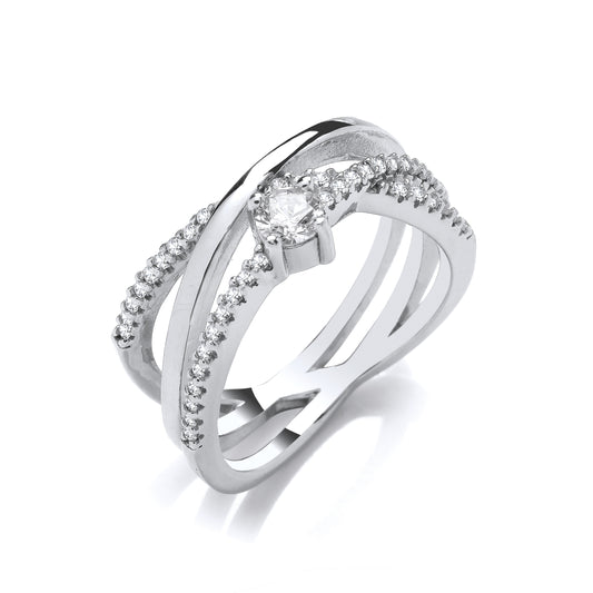 Silver  Triple Band Solitaire Eternity Crossover Ring - GVR963