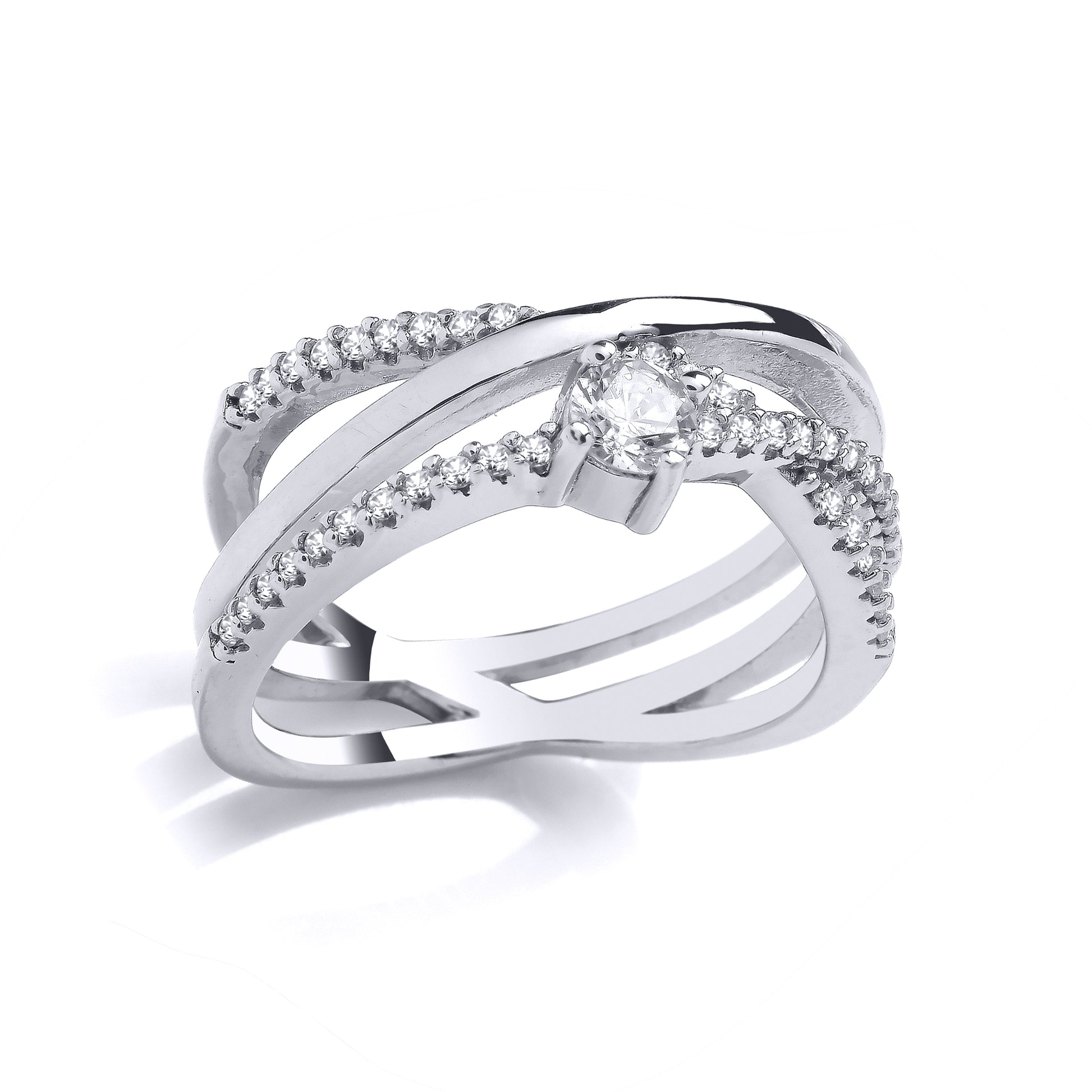 Silver  Triple Band Solitaire Eternity Crossover Ring - GVR963